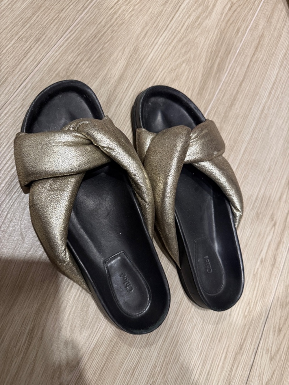 Chloe Metallic Gold Knotted Slide Sandals